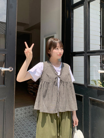 Utant Layered Check Frill Sleeveless Blouse